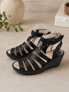 FLY London Size 40 US 9 Black Shimmer Leather Strappy Platform Wedge Sandals